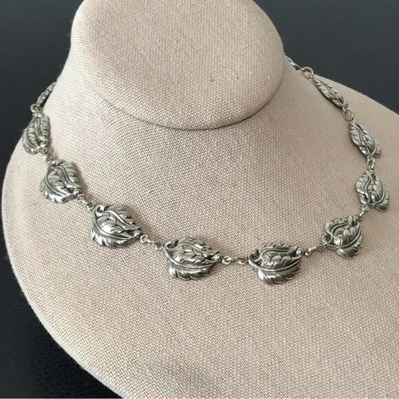 Vintage Danecraft 925 Sterling Silver Double Leaf Necklace 15.5" - Picture 7 of 16